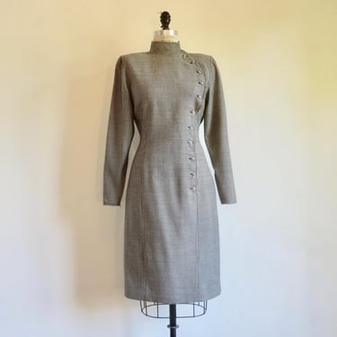 1980's Ungaro Parallel Paris Black and White Houndstooth Wool Dress Long Sleeves Military Style 31