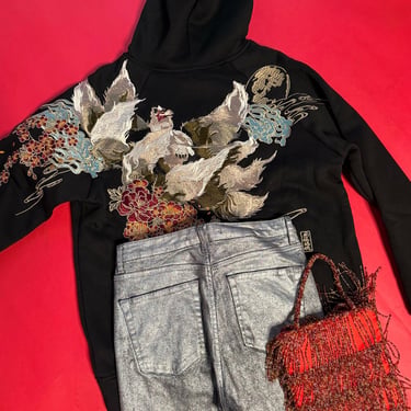 Street Style Teen Look – Vintage Beaded Clutch, Pre-Loved Asian Print Hoodie & Metallic Jeans – Unique 3-Piece Harajuku Outfit, Size XS 