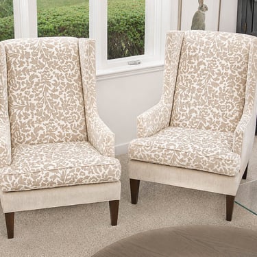 Pair of Crate & Barrel Wing Back Chairs with 'LaScala' Botanical Pattern