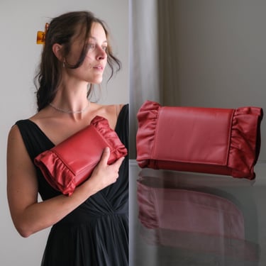 Vintage 70s Clemente Rouge Ruffled Puff Leather Envelope Clutch Evening Bag | Made in Italy | 1970s Designer Evening Bag Purse HandBag 