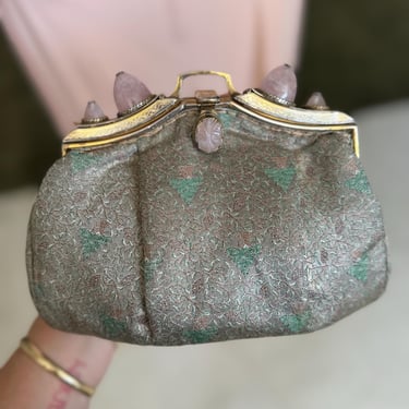 Rare 1930s French silk lamé gemstone clutch evening bag art deco 