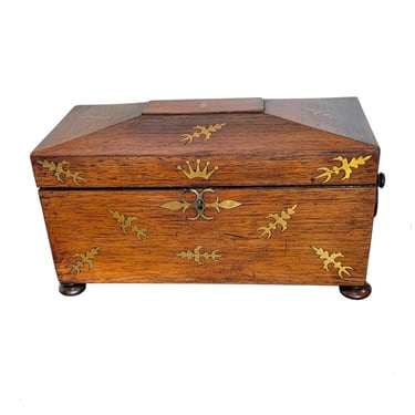 Early 19th Century English Regency Period Brass Inlaid Rosewood Tea Caddy Antique Table Box 