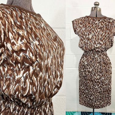 Vintage Brown Abstract Day Dress Short Cap Sleeve Linen Trim Wiggle Work Appropriate 1960s Medium Large 