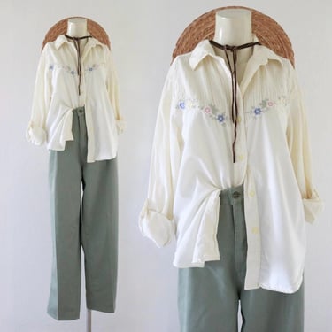 imperfect embroidered button top - m - vintage 90s y2k womens size medium long sleeve cream ivory color shirt blouse floral 