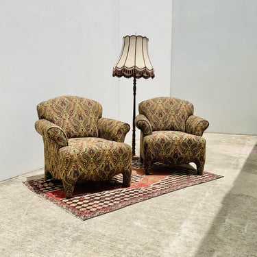 Paisley Overstuffed Arm Chairs / Pair