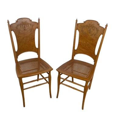 Antique Ribbon Carved Caned Seat Dining Chairs | Pair of Decorative Wood Side Chairs 