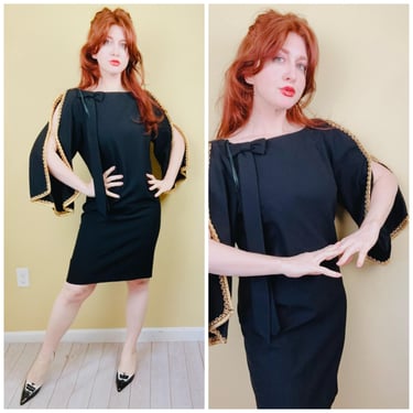 1960s Vintage Black Crepe Medieval Revival Dress / 60s Bow and Split Sleeve Gold Trim Dress / Medium - Large 