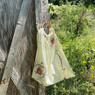 Embroidered upcycled one of a kind handbag with bamboo handles / vintage boho tote bag 