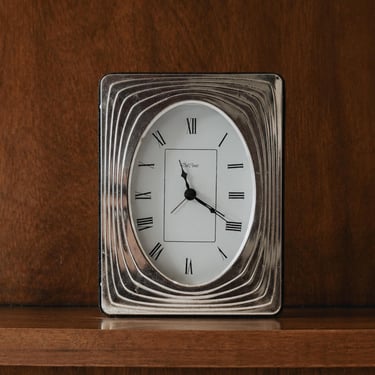 Vintage 1960s Silver Plated Desk Clock by Del Conte Italy, Rectangular Case with Oval Clock Face, Mid Century Design, Elegant Gift Idea 