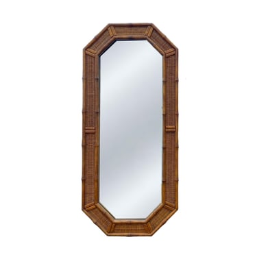 Tall Rattan Wood Mirror by American of Martinsville 51x23 Vintage Narrow Octagon Coastal Faux Bamboo & Brown Natural Wicker 