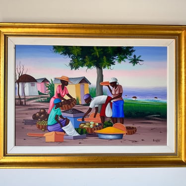 Vintage E. Constant Haitian Market by the Bay  Oil On Canvas  Painting 