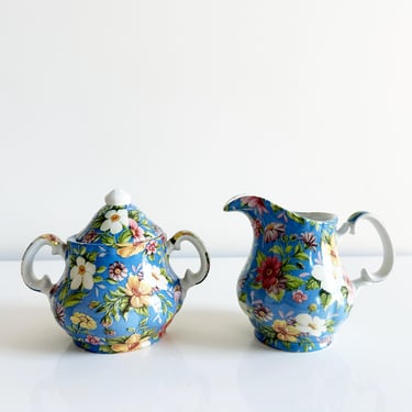 Vintage Avalon Blue Chintz Sugar Bowl and Creamer by Royal Crownford Staffordshire England 1990s 