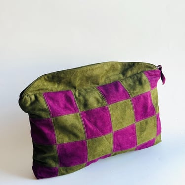 Vintage soft suede checkerboard clutch in purple and green purse 