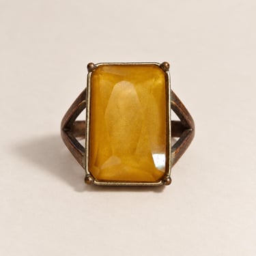 Vintage Modernist Ring with Large Faceted Yellow Glass – Copper Tone Mixed Metal, 1970s jewelry 