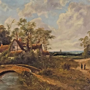 Antique Oil Painting, Landscap, O.T. Clark Sig., English Cottage Bridge, C. 1900s!