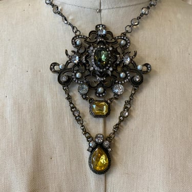 vintage y2k statement necklace, victorian style, bronze filigree, rhinestone nye 