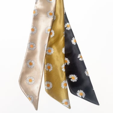 Hair Ribbon - Satin - Daisy Print / Sleep / Gift / Bachelorette / Gold / Mustard / Flowers / Cream / Black / wrap 