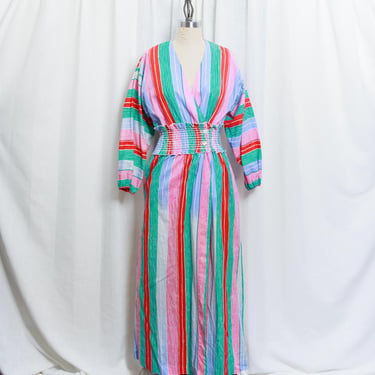 70s Rainbow Striped Colorful Puff Sleeve Lounge Maxi Dress Vintage 1970s Neiman Marcus Smocked Waist Wrap Cotton Dress 