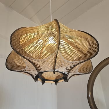 Mid-Century Modern Woven String Pendant Light, 1970s Rustic Boho Star Chandalier,Fully  Rewired Vintage Wood Hanging Lamp, Brown&Beige Decor 