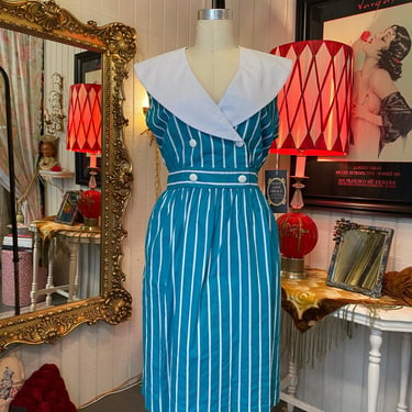 Vintage 1980s teal striped dress sailor collar cotton 80s style large retro 38 