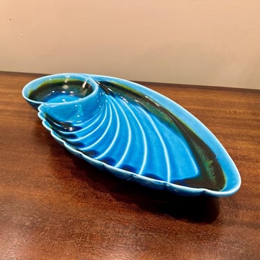 Vintage Mid-Century Modern California Pottery Chip and Dip Set – R-134 Turquoise & Green Leaf Design – USA - Free Shipping 