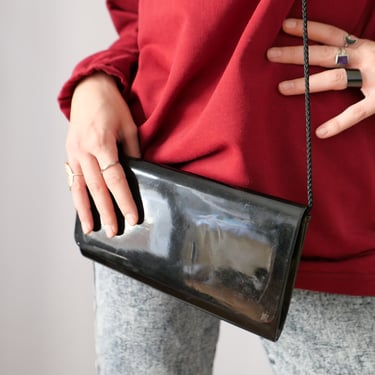Vintage 80s Lacquered Black Crossbody Bag: Minimalist Clutch with Mirror 