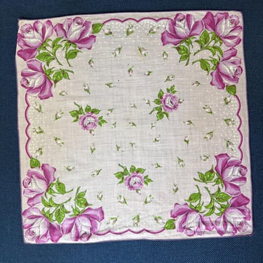 Vintage 1940s Pink Rose Handkerchief Floral Cotton Hanky Polka Dot Scalloped Border 13.5 Inch 