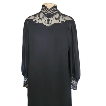 Vintage 1970s Giorgio Sant'Angelo Dress Black Silk Georgette & Lace Long Sleeves 