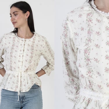 Off White Floral Blouse, Edwardian Prairie Tunic, Vintage Victorian Top 