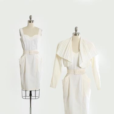Vintage 80s white 3pc dress cropped bolero jacket | 1980s deadstock SOMA white dress pleated jacket 