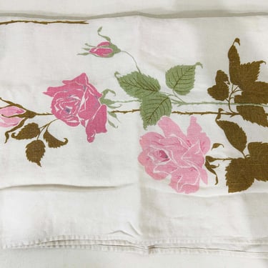 Vintage Floral Tablecloth Flower Pink Roses Mid-Century Table Cloth Dining Kitchen Cotton Linen Square 1950s 1960s 
