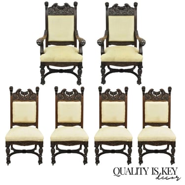 RJ Horner Attr Renaissance Figural Lion Carved Oak Wood Dining Chairs - Set of 6