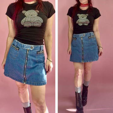 Vintage 90s Squeeze Jeans Denim Skort High Rise Zip Front Grunge Y2K 9/10 