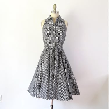 SIZE S 90s Gingham Shirt Dress Black White Plaid Sleeveless Pocket Tie Picnic 