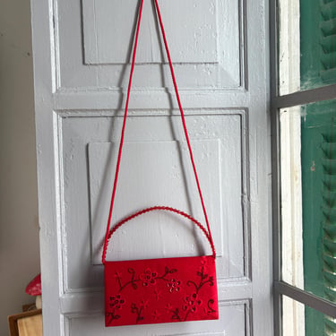 Vintage Red Satin Beaded Evening Bag, Floral Embroidered Clutch Purse, Y2K Crossbody Handbag, Prom Wedding Party Bag 