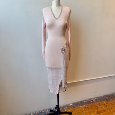 True Vintage 1980s Baby Pink Knit Dress |  Embellished Knit Coquette Evening Dress 