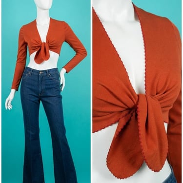 Vintage 1970s Orange Rust Color Tie Crop Top Size S 