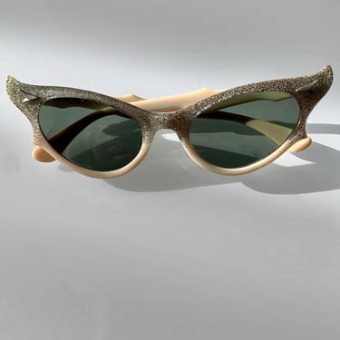 1950'S Vintage Cat Eye Sunglasses - B&L Ray Ban U S A - Double Pointed Details with Glitter - Green Glass Lenses 