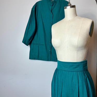 Vintage Perry Ellis 2 pc Women’s pant suit~ jewel Green /palazzo style pant oversized Nehru top~ 1980’s trends/ XS-SM 