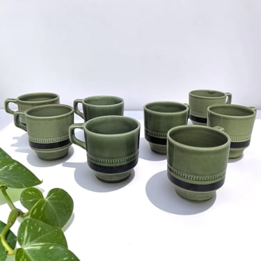 Vintage Fuji-Stone Mugs Retro 1960s Mid-century Modern + Moss Antigua + #2075 + Set of Eight Mugs + Green Ceramic + Stoneware + Servingware 