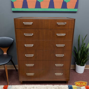 Vintage campaign-style walnut highboy dresser with drop-front by Baker