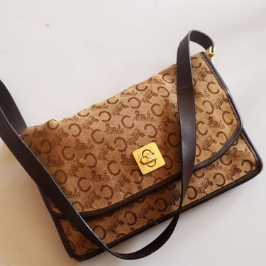 Vintage CÉLINE 1970s Canvas and Leather Macadam Small Crossbody Bag Monogram Logo Brown Tan Clutch Horse 