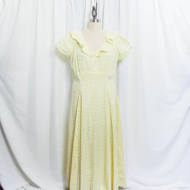 70s Pastel Yellow Confetti Short Sleeve Maxi Dress Vintage 1970s Ditsy Print Ruffle Collar Prairie Romantic Dress 