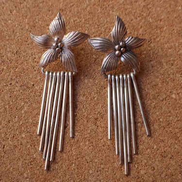 Sterling Flower Earrings / Vintage Tasseled Floral Earrings / Botanical Silver Jewelry 