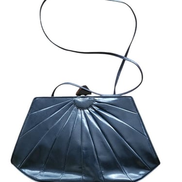 Vintage 80s Art Deco Purse Shoulder Bag / Clutch Navy Blue Leather Jay Herbert 
