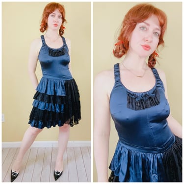 Y2K Vintage Deadstock Betsey Johnson Silk / Spandex Dress / Navy Blue and Floral Black Burnout Flapper / Size Small - Medium 