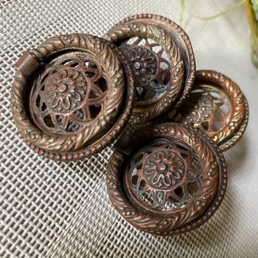4 Colonial Revival Old Marked antique cast brass metal Drop Bail~Swing Handle Rings, Dresser Hardware Drawer pulls~1.5 inches diameter 1900s 