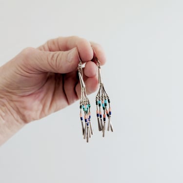Vintage Native American Liquid Sterling Silver Beaded Dangle Pierced Earrings 