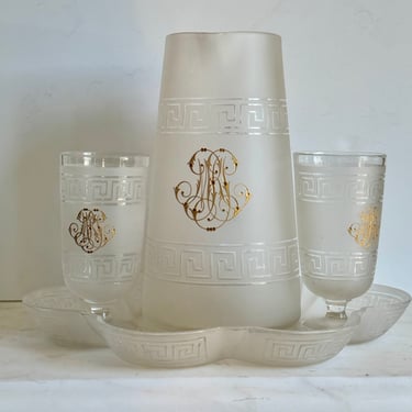 Antique 19th C Boston & Sandwich Greek Key Dribk Set with Pitcher, 2 Glasses, and Tray 