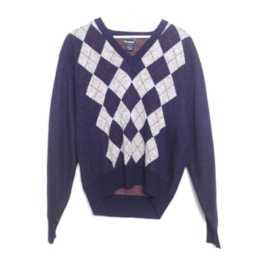 vintage ARGYLE slouchy BLUE and silver 1960s knit v-neck men's SWEATER -- size large/xl -- free shipping U.S.A 